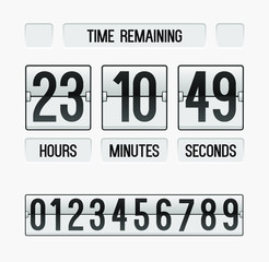 Time remaining countdown website timer template; White count down flip board with scoreboard of hour, minutes and seconds for web page