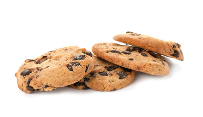 Tasty chocolate cookies on white background
