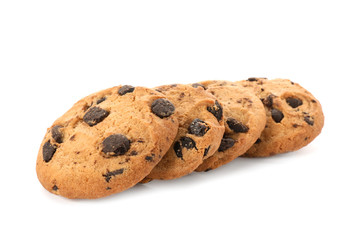 Tasty chocolate cookies on white background