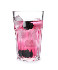 Glass with iced blackberry lemonade on white background