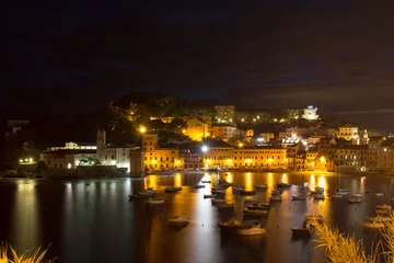 Foto op Plexiglas Romantic Time at The Bay of Sestri Levante at the Blue Hour in Summer With Boats Moored © daniele russo