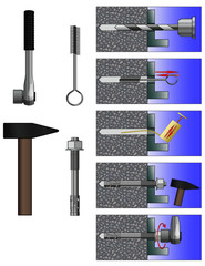 Appearance and installation diagram of steel expansion through bolt anchor and tools (wrench, metal brush, hammer) - 218535505