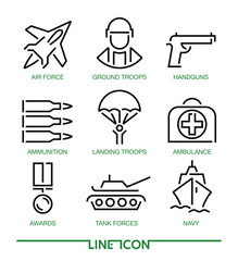 Collection of thin line icons for military war and army EPS 8