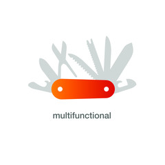 Multifunctional logo; Red Swiss folding knife flat icon vector; Folding knife; multi-tool instrument sign vector 
