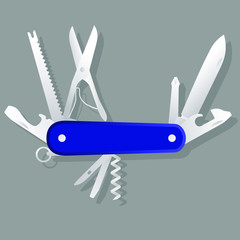 Blue Swiss army knife; Blue multi-tool, multipurpose penknife isolated vector 