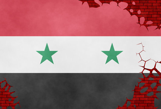 Illustration of a Syrian flag painted on the cracked wall