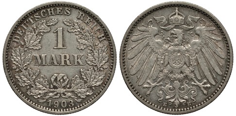 Germany German silver coin 1 one mark 1903, denomination within circular wreath of oak branches,...