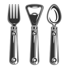 Set of fork, bottle opener and spoon isolated on white. Vector illustration for restaurant and bar or much more. Ready for your design.