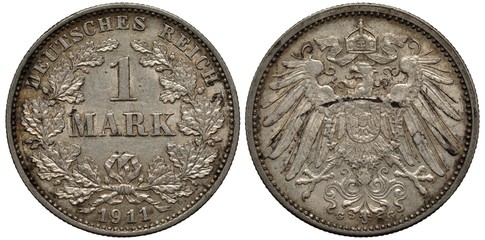 Germany German silver coin 1 one mark 1911, denomination within circular wreath of oak branches, date below, imperial eagle with collar of the order and shield on chest, crown with ribbon above, 