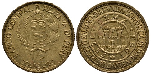 Peru, Peruvian coin 1/2 half sol 1965,  shield with lama, tree and horn of plenty with coins flanked by springs, wreath above, value below, emblem commemorating 400th Anniversary of minting coins in P