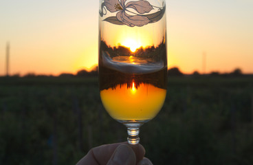 Glass of wine against the sunset