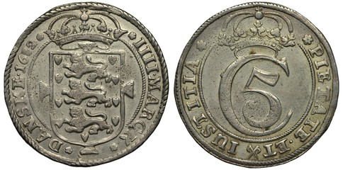 Denmark Danish silver coin 4 four mark 1682, crowned shield with lions flanked by date and value, crowned monogram of King Christian V, greenish patina,