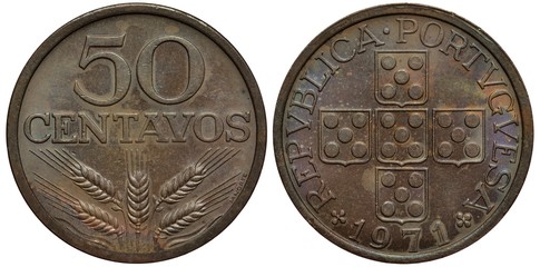Portugal Portuguese coin 50 fifty centavos 1971, ears below value, five shields with five big dots each forming cross, date below, patina