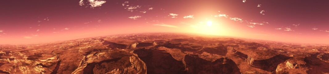 Fototapeta na wymiar A beautiful Martian landscape at sunrise. Panorama of Mars. 3D rendering 