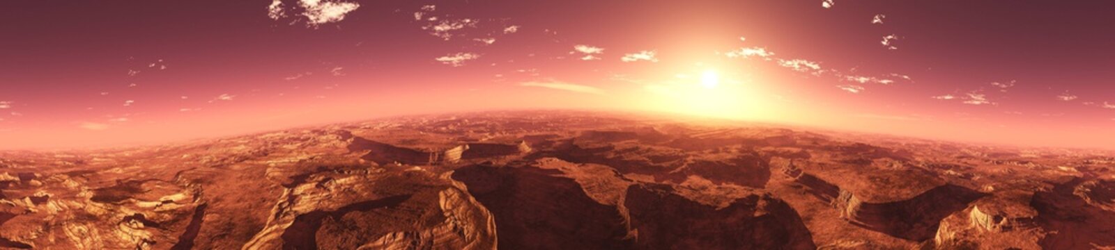 A beautiful Martian landscape at sunrise. Panorama of Mars.
3D rendering
