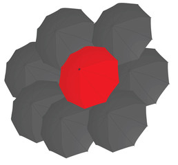 Red umbrella in side of grey umbrellas. vector illustration