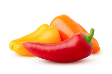 Three mini sweet peppers, red, yellow, orange, isolated on a white background, clipping path - obrazy, fototapety, plakaty
