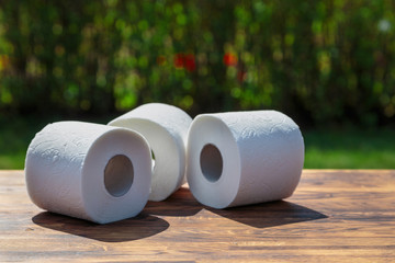 Three rolls of toilet paper on a background of lush greenery