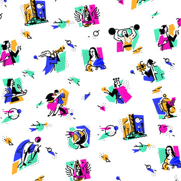 A set of icons on the theme of art forms. Music, choreography, singing, literature, theater, circus. Vector illustration. Hobbies of creative people. Icons for the site, banner and print. Emblems, sym