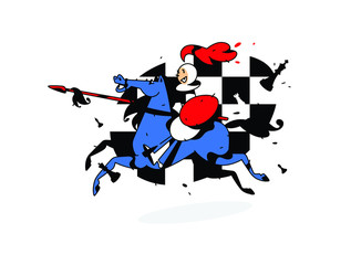 Chess character, pawn on horseback. Vector illustration. Image is isolated on white background. Character in the cartoon style. Pawn on horseback with a spear. A poster for the chess school.