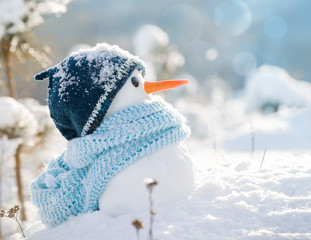 Little snowman in a cap and a scarf on snow in the winter. Christmas card with a lovely snowman, copy space
