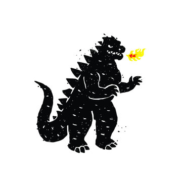 Illustration of fire-breathing, dragon, dinosaur. Vector illustration. A hero for a site, a banner or a store. Image is isolated on white background. Angry, but very cute character. Mascot.