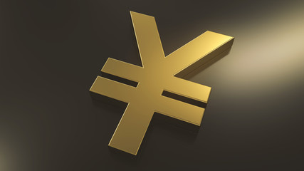Golden yuan or yen sign on top of black metal plane with a light source in the right side. Abstract currency composition. 3d rendering