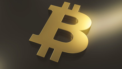 Golden bitcoin sign on top of black metal plane with a light source in the right side. Abstract currency composition. 3d rendering
