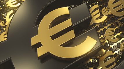 Golden euro sign on top of background with lots of golden and black metal euro symbols. Abstract currency composition. 3d rendering