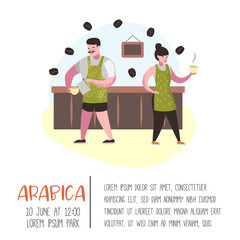 Barista Man and Woman Flat Characters in Coffee Shop. Cartoon Cafe Staff with Cup, Mug and Coffee Beans for Poster, Banner. Vector illustration