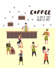 Barista Man and Woman Flat Characters in Coffee Shop. Cartoon Cafe Staff with Cup, Mug and Coffee Beans for Poster, Banner. Vector illustration