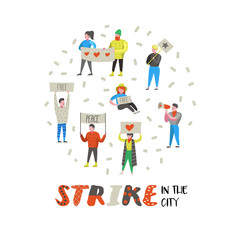 Fototapeta premium Group of Flat Angry People Protesting at Strike. Characters Picketing Against Something with Banners and Placards. Demonstration, Protest, Picket. Vector illustration