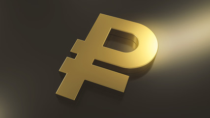 Golden ruble sign on top of black metal plane with a light source in the right side. Abstract currency composition. 3d rendering