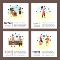 Barista Man and Woman Flat Characters in Coffee Shop. Cartoon Cafe Staff with Cup, Mug and Coffee Beans for Poster, Banner. Vector illustration