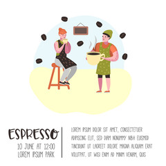Barista Man and Woman Flat Characters in Coffee Shop. Cartoon Cafe Staff with Cup, Mug and Coffee Beans for Poster, Banner. Vector illustration