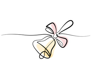Continuous one line drawing. School traditional hand bell and ribbon. Vector illustration