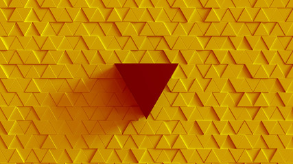 Triangular geometric background. Abstract structure of lots of different height triangles and one big dark triangle in center. Creative grid surface. Top view. Block elements pattern. 3d rendering