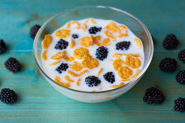 Breakfast with milk, cereals and blackberries