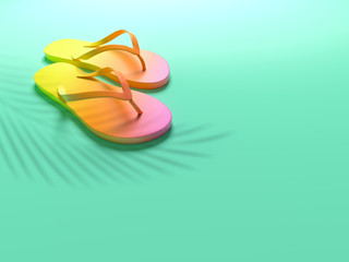Multicolor flip flops isolated on green background Summer vacation concept. Minimal abstract colorful wallpaper concept. Velvet season. Flat lay. 3d render