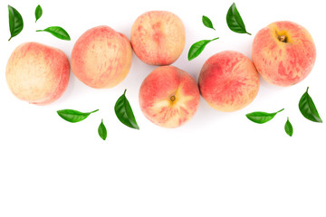 ripe peaches isolated on white background with copy space for your text. Top view. Flat lay pattern
