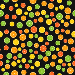 Colorful citrus seamless pattern. Slices of orange, lime, lemon, grapefruit on black background. Fresh juicy fruits vector illustration in flat style.