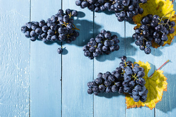 bunch of red grape with yellow leaf on old blue wood table background