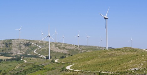 Panorama of wind turbines in the mountains, Portugal