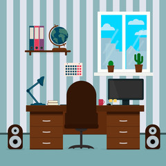 The interior room of a teenager. Workplace of the student. Desktop with computer, shelves with books and globe. Concept of education and home office flat vector illustration.