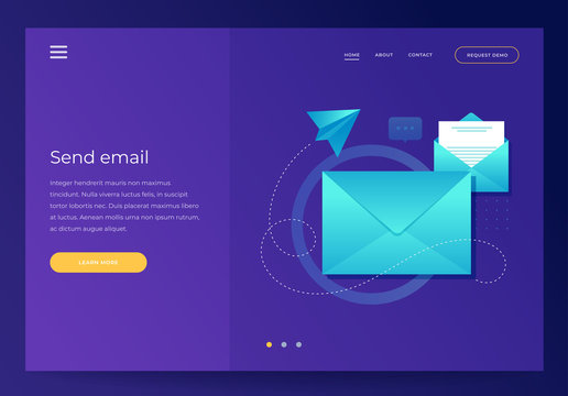 Header for website. Concept of web development. Mobile e-mail notification concept. Close and open post envelopes and paper airplane on blue background. Email marketing. Flat vector illustration.