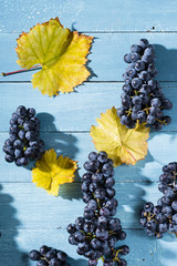 bunch of red grape with yellow leaf on old blue wood table background