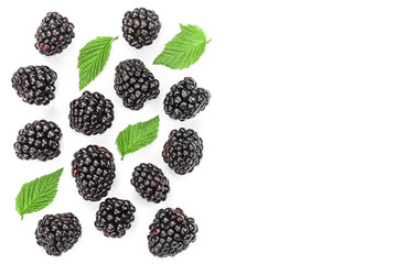 Fresh blackberry with leaves isolated on white background with copy space for your text. Top view. Flat lay pattern