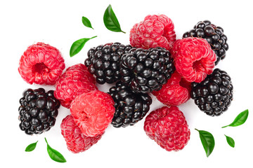 blackberry and raspberry with leaves isolated on white background. Top view. Flat lay pattern