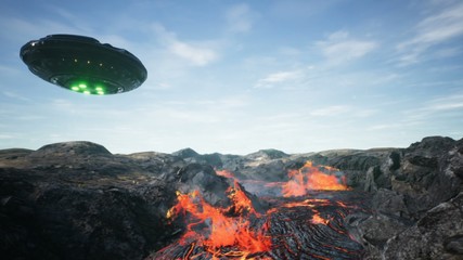 UFO is flying over the volcano. 3D Rendering.