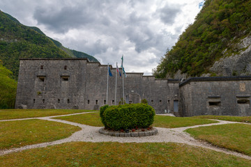 Fortress Kluze - Flitscher Klause near Bovec, Slovenia, built in 1881 and protecting a mountain...